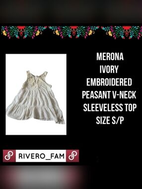 MERONA | IVORY EMBROIDERED PEASANT V-NECK SLEEVELESS TOP | SIZE S/P
